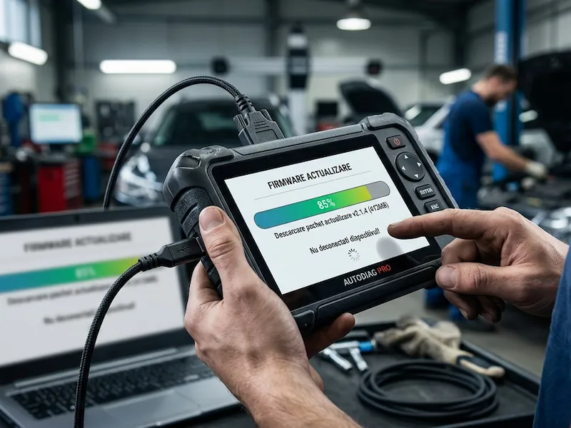 Proces de update online pentru un scaner auto profesional pentru a include ultimele modele de mașini.