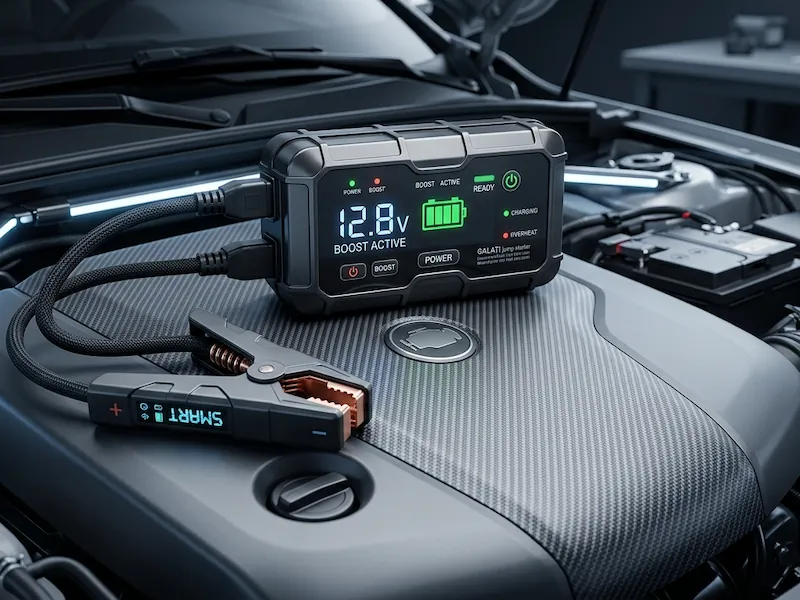 Jump starter portabil (robot pornire) conectat la bornele bateriei pentru pornire de urgență.