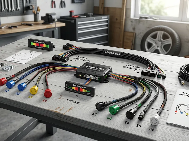 Componentele unui kit de senzori asistență parcare auto: unitate centrală, senzori și cablaj.