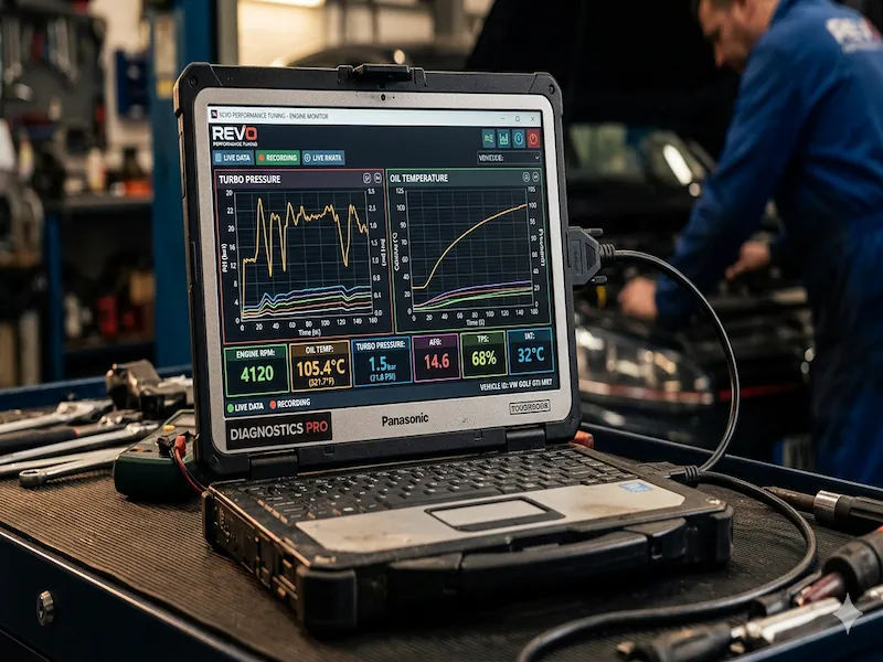  Ecran laptop afișând date în timp real și grafice de performanță motor prin software de diagnoză.