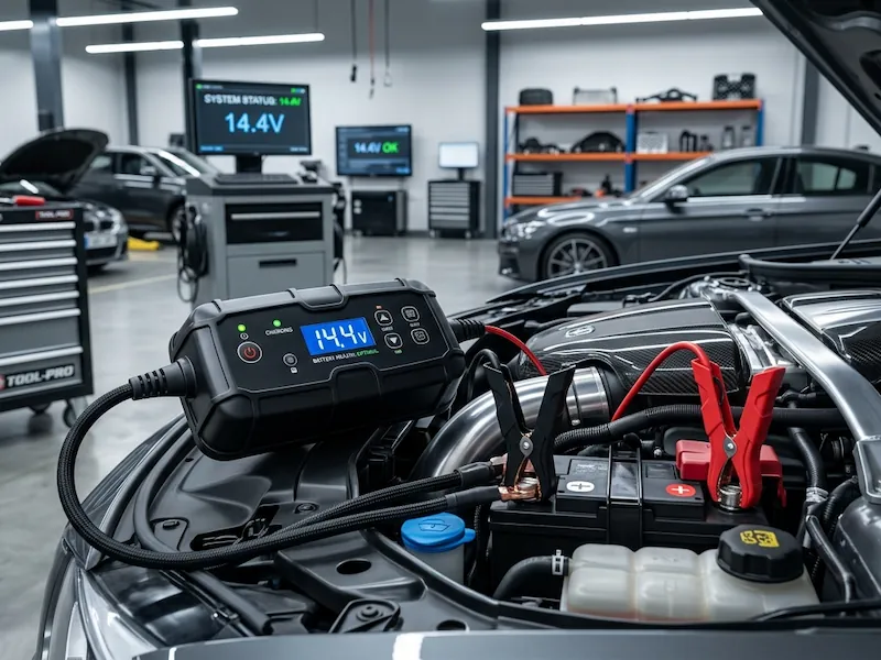 Redresor auto inteligent cu microprocesor monitorizând procesul de încărcare al bateriei.