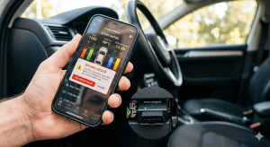 Scaner erori OBD2 portabil conectat prin Bluetooth la o aplicație de mobil.