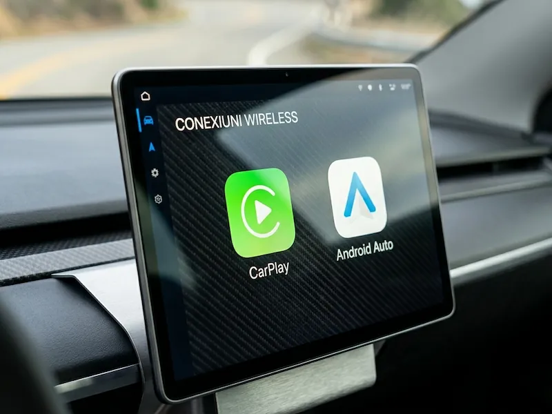 Interfață Apple CarPlay și Android Auto wireless activă pe un sistem multimedia auto.
